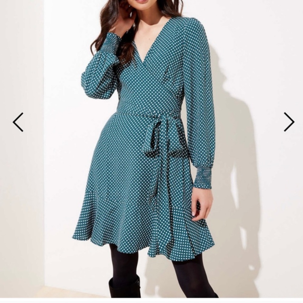 Green wrap dot dress. Loft! Like new 12petite size